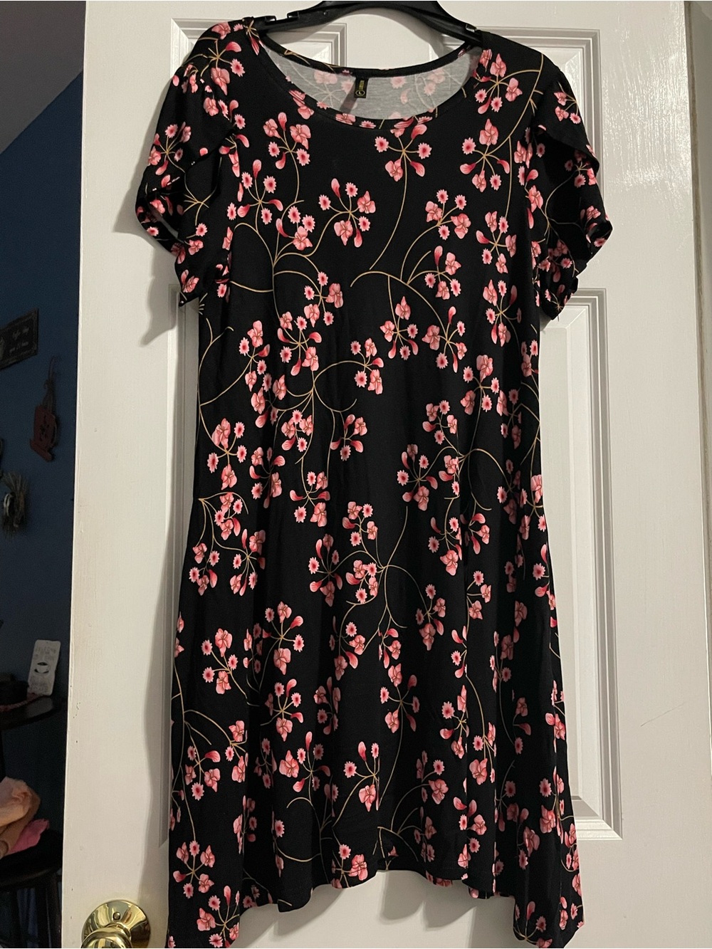 Women's Black Floral A-Line Dress with Pink Blossoms